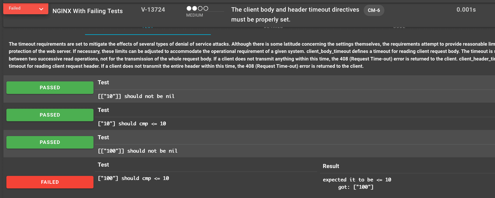 Detailed control failure view with test code