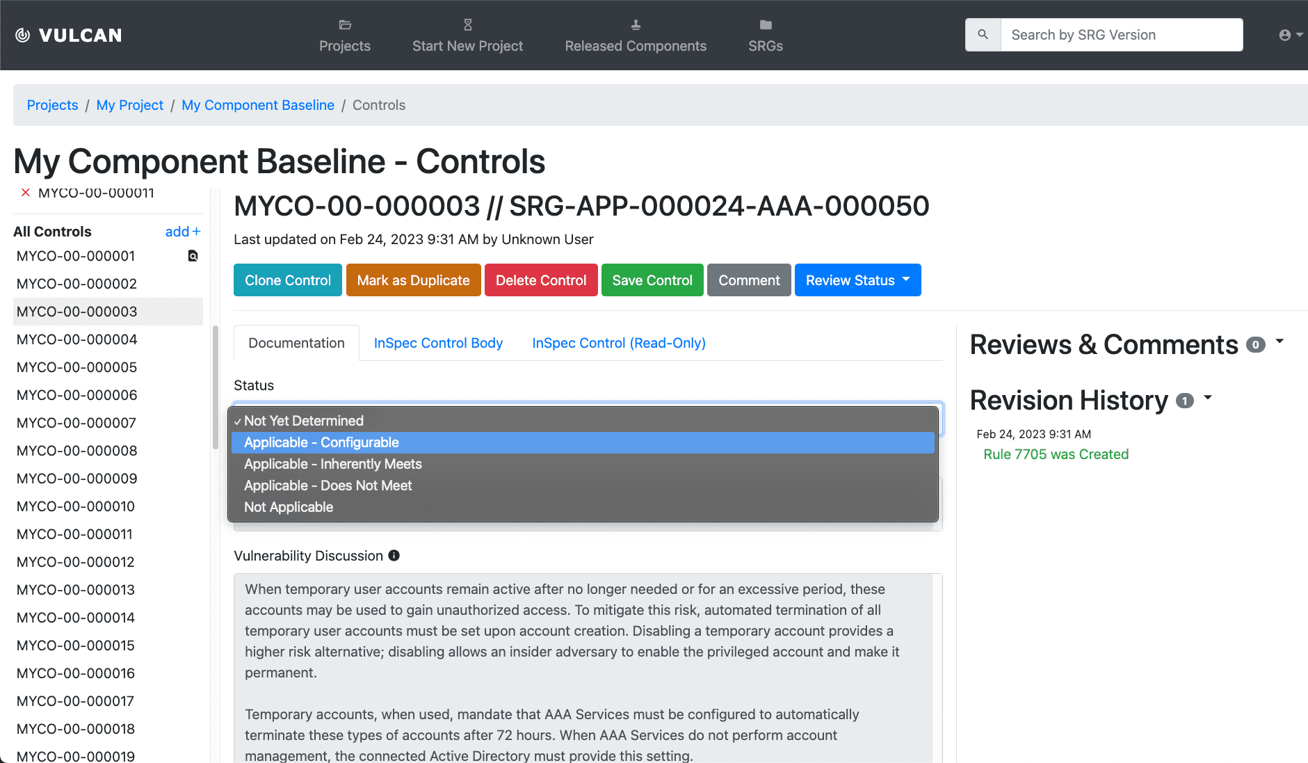 Vulcan editing interface with controls